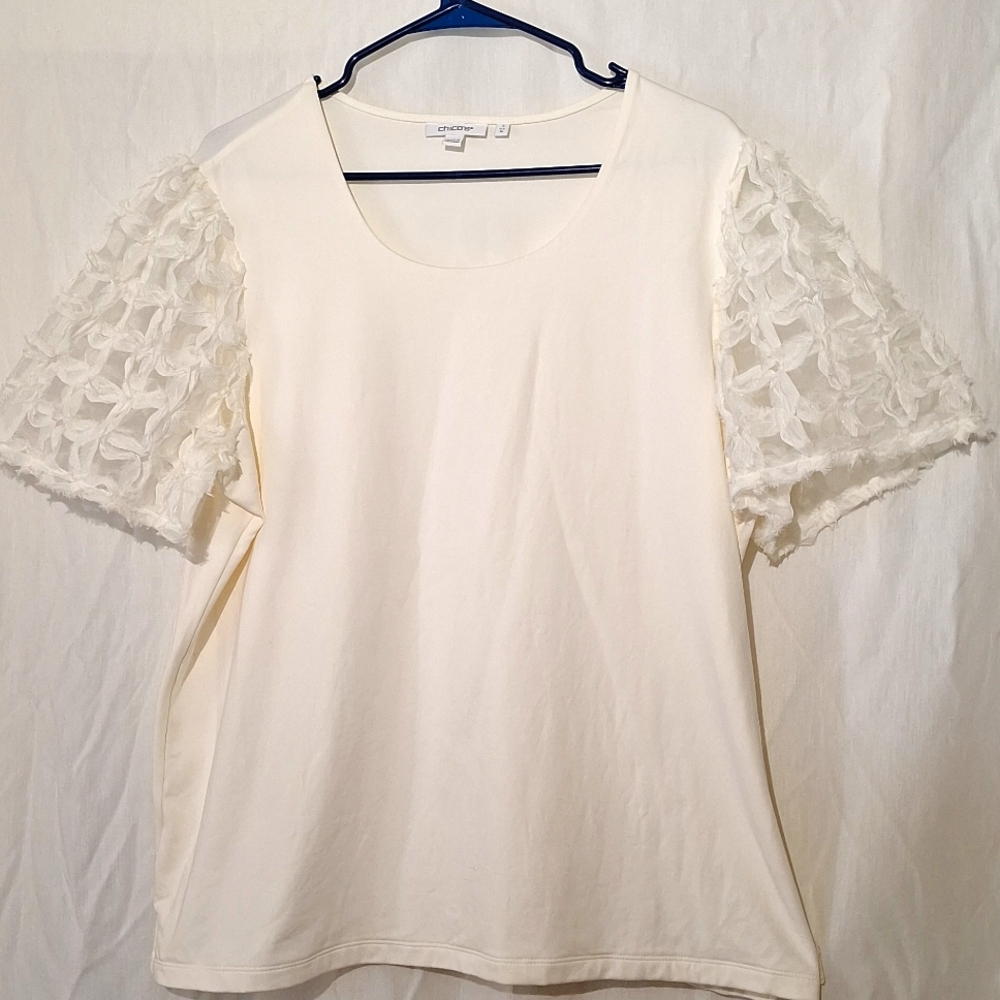 3/$20--Chico's Cotton Cream Blouse, Short White Lacey Sleeves, Slipover, NWOT - Picture 6 of 11